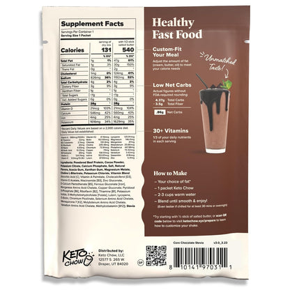 Keto Chow Chocolate CORE with Stevia Meal Replacement Shake Powder, 1 Meal