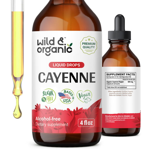 Wild & Organic Cayenne Pepper Drops - Antioxidant & Digestive Support - Capsaicin Supplements - Fast Absorbing Liquid Cayenne Pepper Extract Tincture - No Spicy Aftertaste, Alcohol-Free - 4 fl oz
