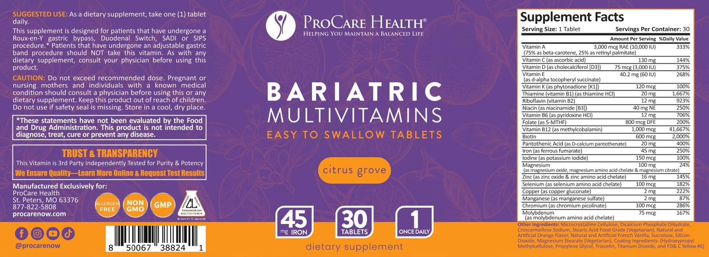 ProCare Health Easy-45 Bariatric Multivitamin | Citrus Grove Tablets | 90ct | Once Daily Tablets for Gastric Bypass Sleeve & Post-Op Support Pills for Sleeve Patients & Sustains Recovery, Easy to Swallow