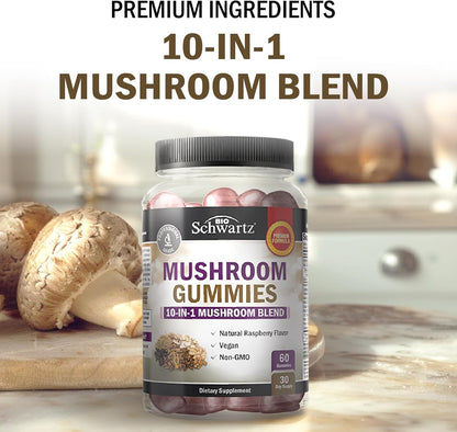 Mushroom Gummies for Adults - 10-in-1 Functional Mushroom Supplement for Mood and Focus with Lions Mane Turkey Tail Cordyceps Shiitake Reishi - Vegan, Non-GMO, Fresh Raspberry Flavor, 60 Count