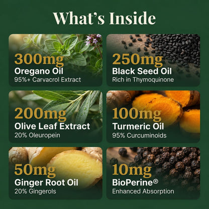 Wild Oil of Oregano with Black Seed Oil 300 Softgels, Oregano Oil Supplement with Turmeric, Ginger, Olive Leaf, MCT Oil & Black Pepper Extract, Vegan Non GMO, Made in UK
