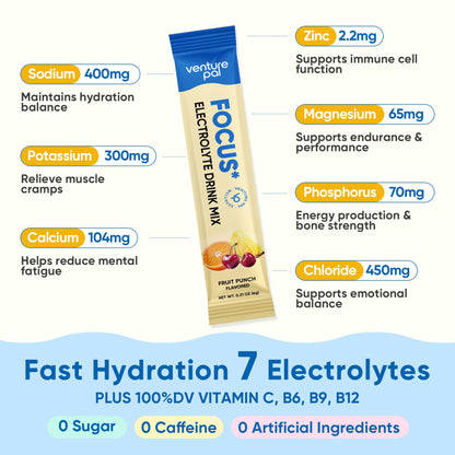 Venture Pal Sugar Free Hydration + Focus Electrolyte Packets, 16 Sticks | 7 Electrolytes + Vitamins, Magnesium, Lion's Mane & Ashwagandha, Boost Clarity & Energy, Electrolytes Powder, Vegan, Keto