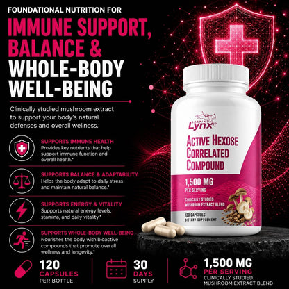 Active Hexose Correlated Compound 1500 mg, Clinically Studied Mushroom Extract for Immune System Support & Cellular Defense | 120 Capsules (40-Day Supply) | Non-GMO, Shiitake, Lion's Mane, Turkey Tail