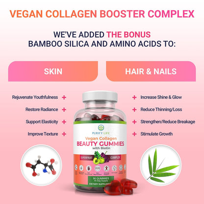 Purify Life Vegan Collagen Gummies with Biotin Vitamins for Hair Skin and Nails Health,