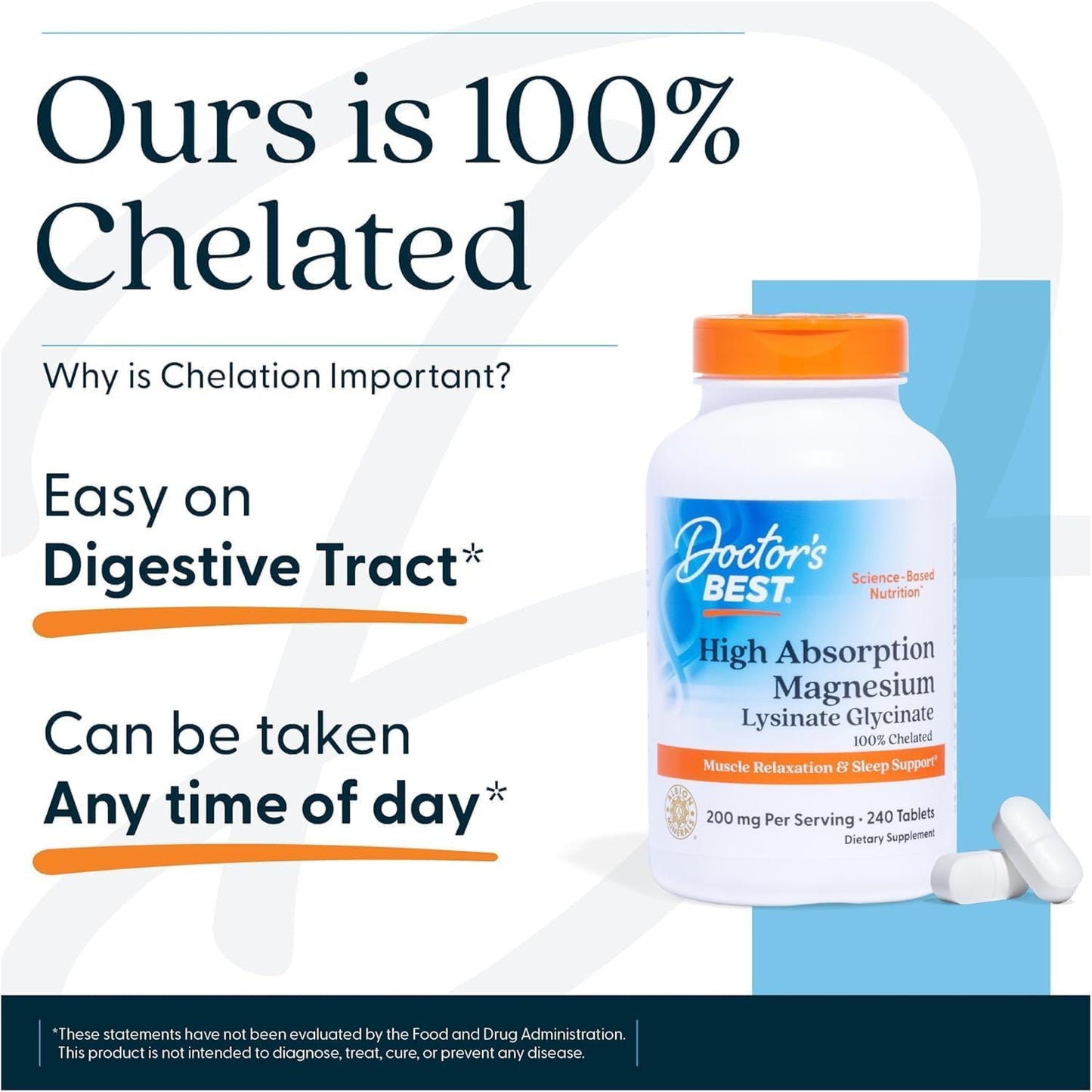 Doctor's Best High Absorption Magnesium Glycinate Lysinate Supplement for Sleep Support - Chelated Magnesium Tablets for Women & Men, 200mg per Serving, Supports Calm & Relaxation, Vegan - 240 Count