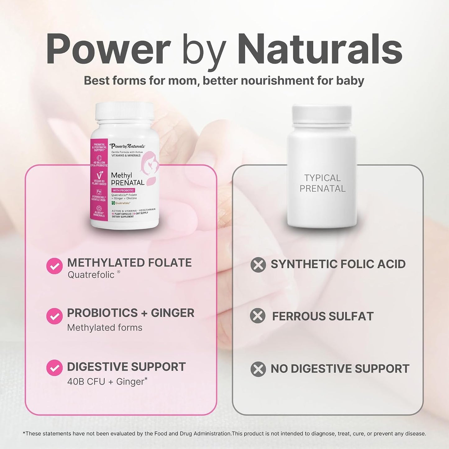 Power By Naturals Methyl Prenatal with Probiotics – Prenatal Vitamins for Women with Iron, Methyl Folate, B12 & 28 Nutrients & Botanicals – Vegan, Non-GMO, Gluten-Free – 60 Capsules (1-Month Supply)