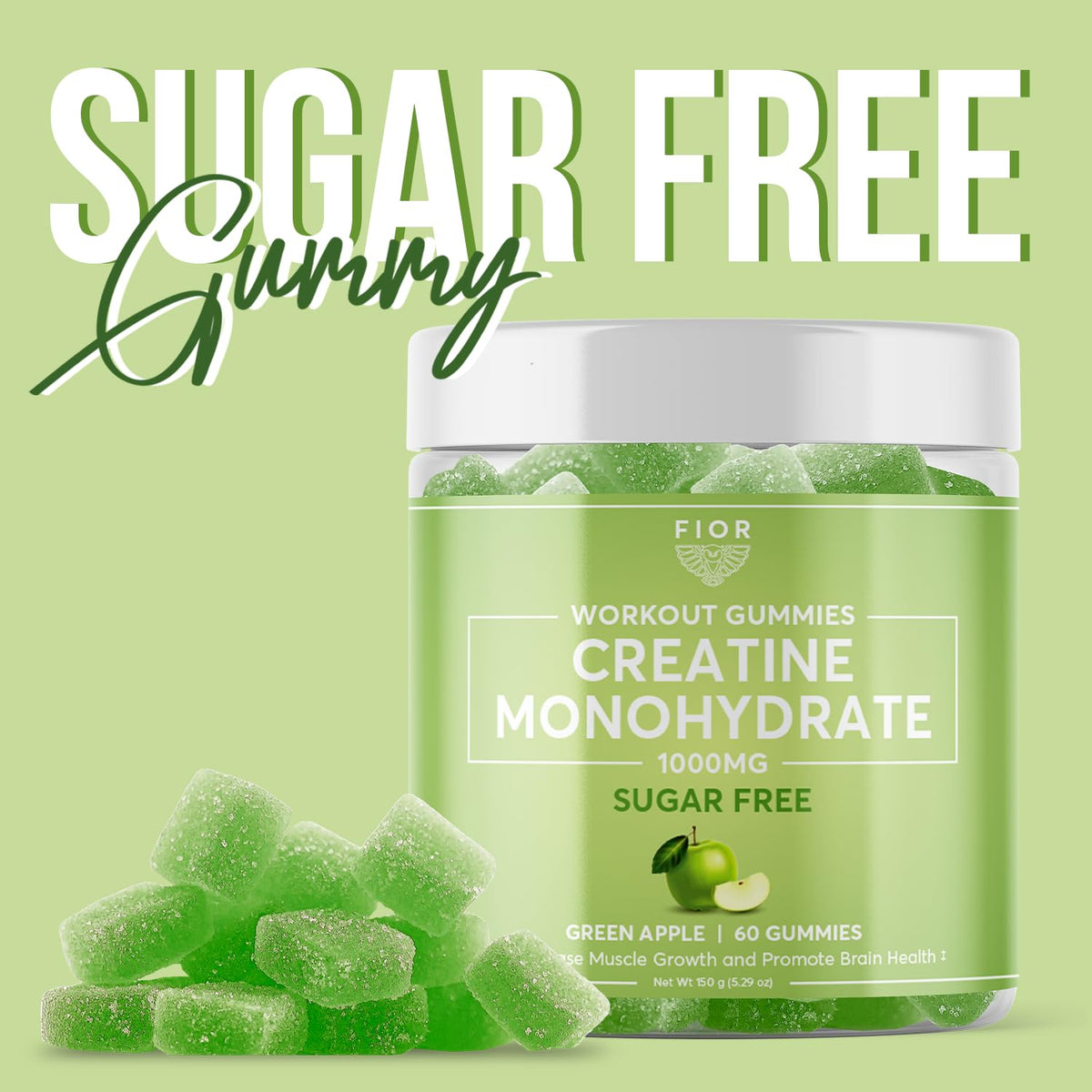 FIOR Sugar-Free Creatine Gummy - Best Creatine Monohydrate Chewable, 60 Count