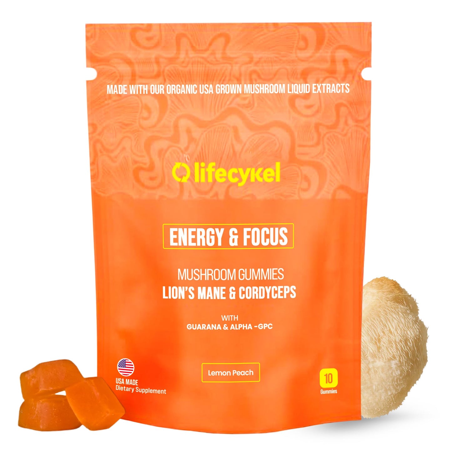 Life Cykel - AM Energy and Focus Mushroom Gummies, 60 Count - Organic Lion's Mane Gummies with Cordyceps, Guarana & Alpha GPC for Mental Clarity, Natural Energy, Endurance & Focus - Lemon Peach Flavor