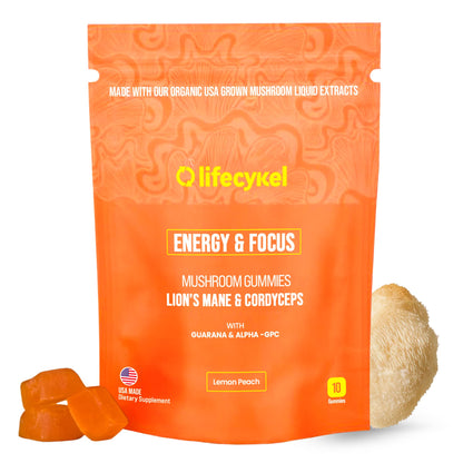 Life Cykel - AM Energy and Focus Mushroom Gummies, 60 Count - Organic Lion's Mane Gummies with Cordyceps, Guarana & Alpha GPC for Mental Clarity, Natural Energy, Endurance & Focus - Lemon Peach Flavor