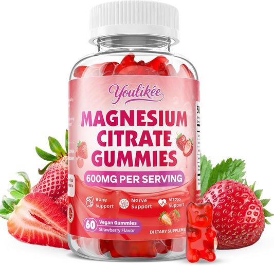 Magnesium Citrate Gummies, High Absorption Magnesium Gummies for Adults | Magnesium Supplement for Relaxation, Vegan, Sugar-Free, Strawberry Flavor, 60 Count