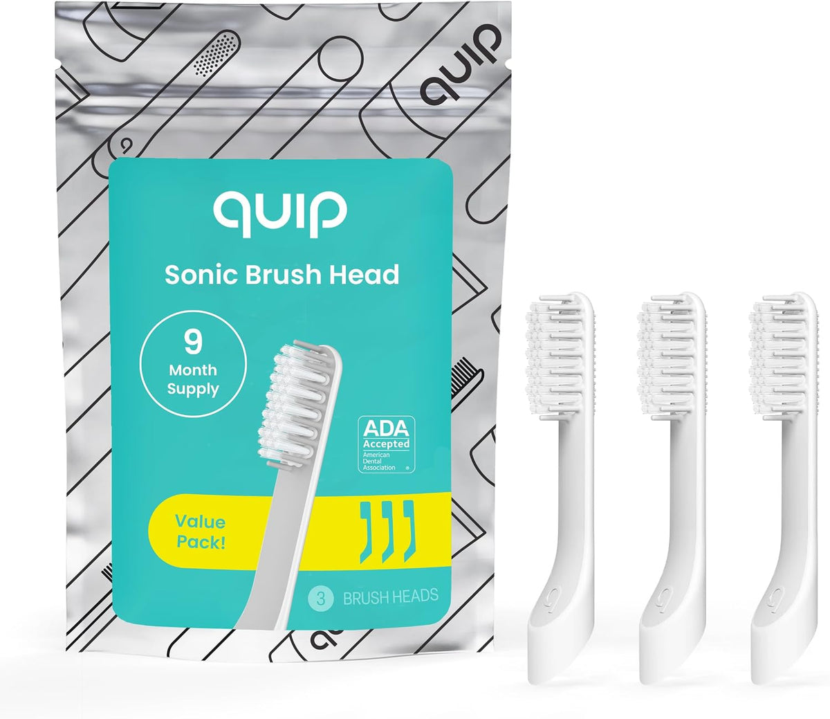 Quip Sonic Toothbrush for Adults with Replacement Heads 3 Pack Product Bundle - Includes Travel Cover Mount - Electric, Soft, Plastic Handle, 3 Month Battery Life - Blue