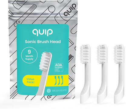 Quip Sonic Toothbrush for Adults with Replacement Heads 3 Pack Product Bundle - Includes Travel Cover Mount - Electric, Soft, Plastic Handle, 3 Month Battery Life - Blue