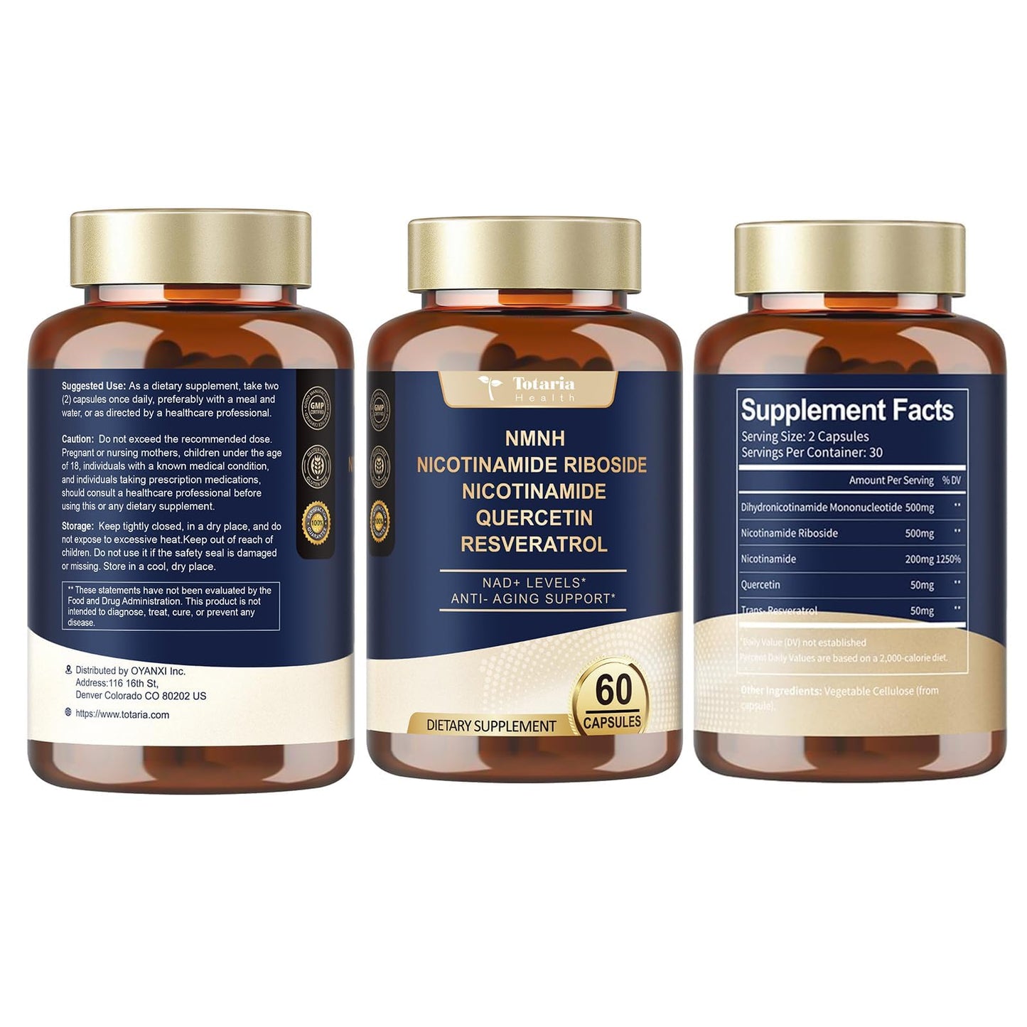 Totaria NMNH 500mg (Dihydronicotinamide Mononucleotide), Premium NMN Alternative Supplement w/Niacinamide (Vitamin B3), Quercetin, Trans-Resveratrol, for NAD+, Skin Cell, Anti-Aging & Energy, 120 Ct