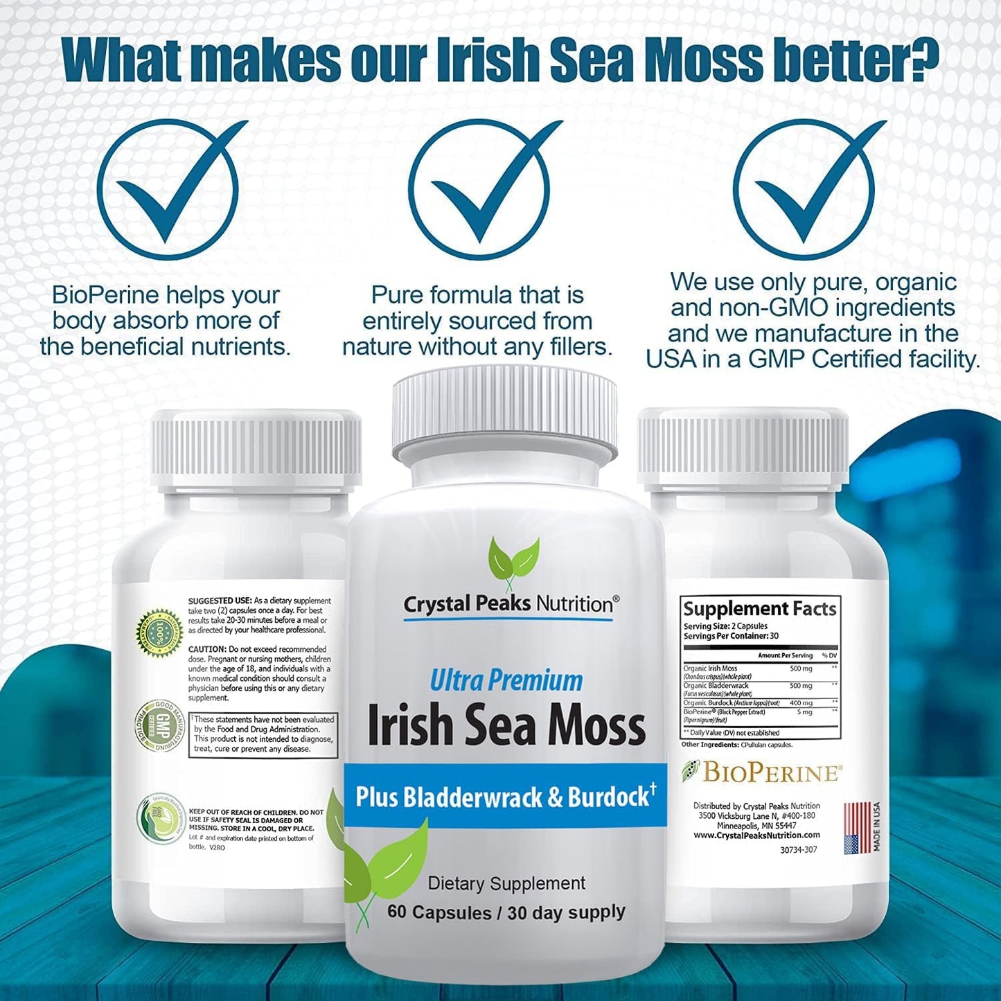 Organic Sea Moss Supplements with Bladderwrack and Burdock Root. Pure Sea Moss Supplement, Vegan, No Fillers, 60 SeaMoss Capsules with BioPerine for Maximum Benefit