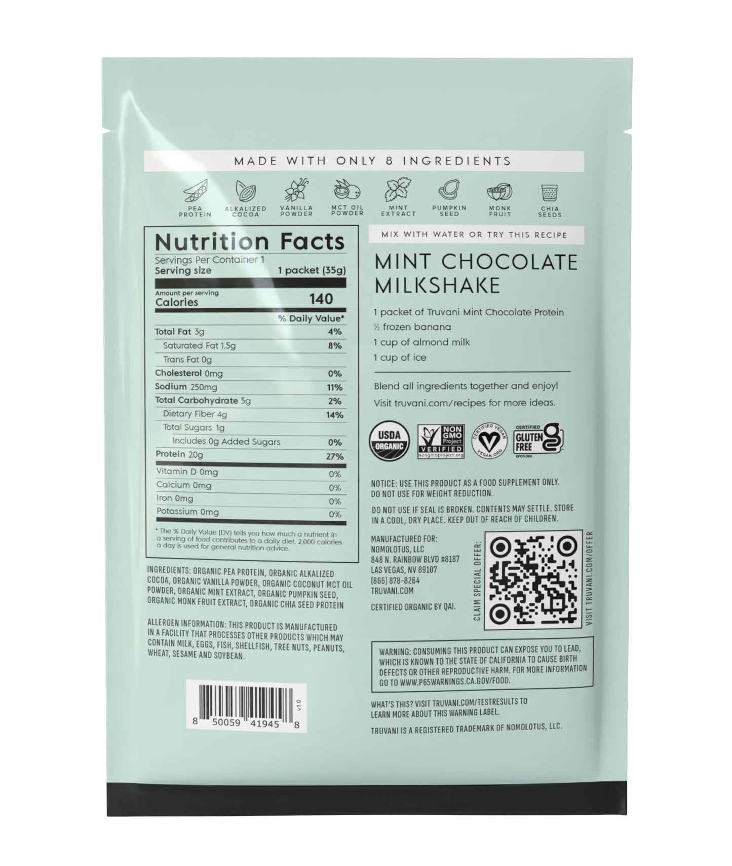 Truvani Organic Plant Based Protein Powder | Vanilla | 1 Serving | Vegan | 20g Pea Protein | Keto | Gluten & Dairy Free | Low Carb | No Added Sugar