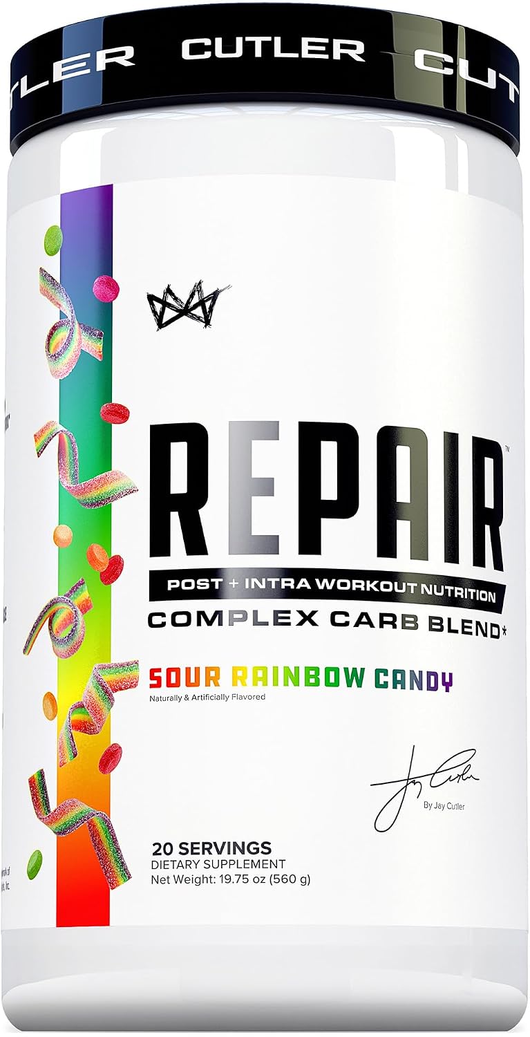 Cutler Nutrition Repair Sour Rainbow Candy Recovery Powder, 20 Servings | 19.75 oz | 15g Fast-Absorbing Carbs from Waxy Maize and Cluster Dextrin, plus 5g BCAAs and 2g EAAs for Muscle Recovery