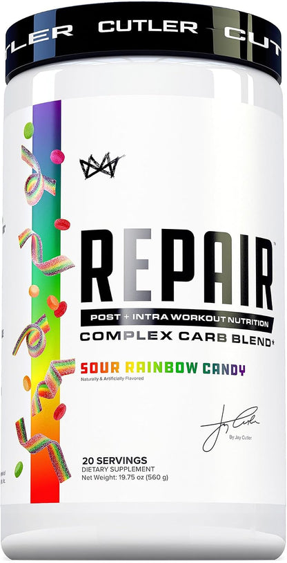 Cutler Nutrition Repair Sour Rainbow Candy Recovery Powder, 20 Servings | 19.75 oz | 15g Fast-Absorbing Carbs from Waxy Maize and Cluster Dextrin, plus 5g BCAAs and 2g EAAs for Muscle Recovery
