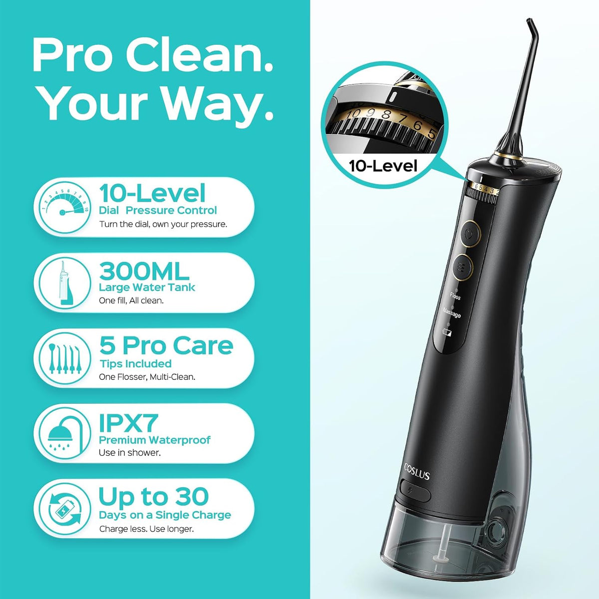 COSLUS ADA Accepted E40 Water Dental Flosser, 10 Pressure Levels, Black Pro
