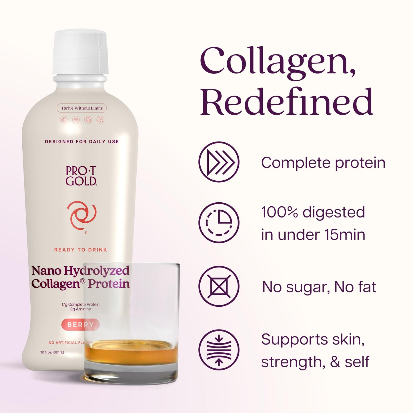Liquid Collagen Protein Shot, Berry, 17g Protein, 24 pk | Nano Hydrolyzed Grass Fed Collagen, 0g Carbs, Hair, Skin & Nails, Amino Acids, Sugar Free, Gluten Free, 1 fl oz Shots
