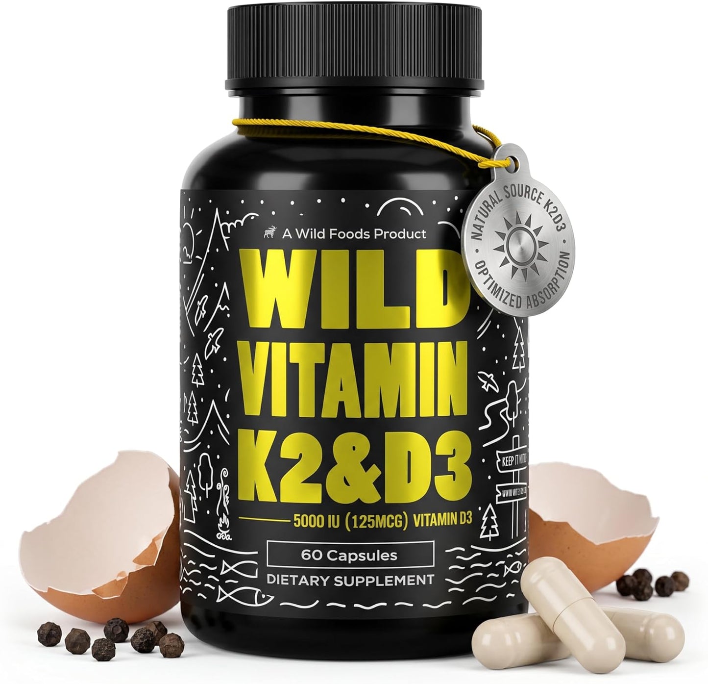 Wild Foods 5000iu Vitamin D3 + K2 | (100mcg Mk7) with Black Pepper Extract, Plant-Based, Non-GMO, Soy & Gluten-Free | Dietary Supplement | Made in USA | 60 Capsules