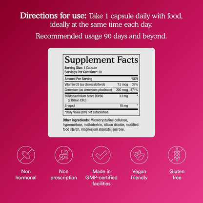 MitoQ Hormonal Metabolic Control – S-Equol, B. Breve Probiotic & Chromium Supplement for Women, Supporting Healthy Estrogen Signaling & Metabolic Function, 30 Capsules