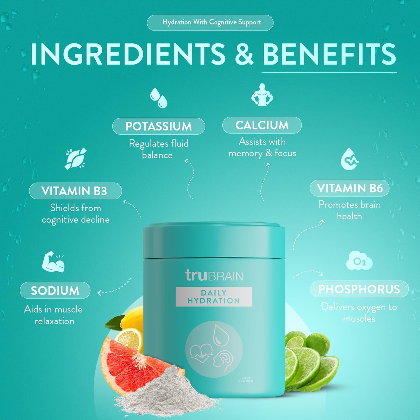 TruBrain Daily Hydration - Enhance Focus and Energy with Electrolyte-Rich Supplement. Stay Hydrated & Alert!