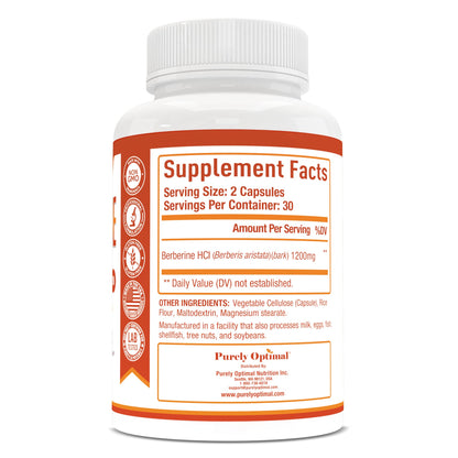 Purely Optimal Premium Berberine Supplement - 1200mg Berberine HCl, Non-GMO