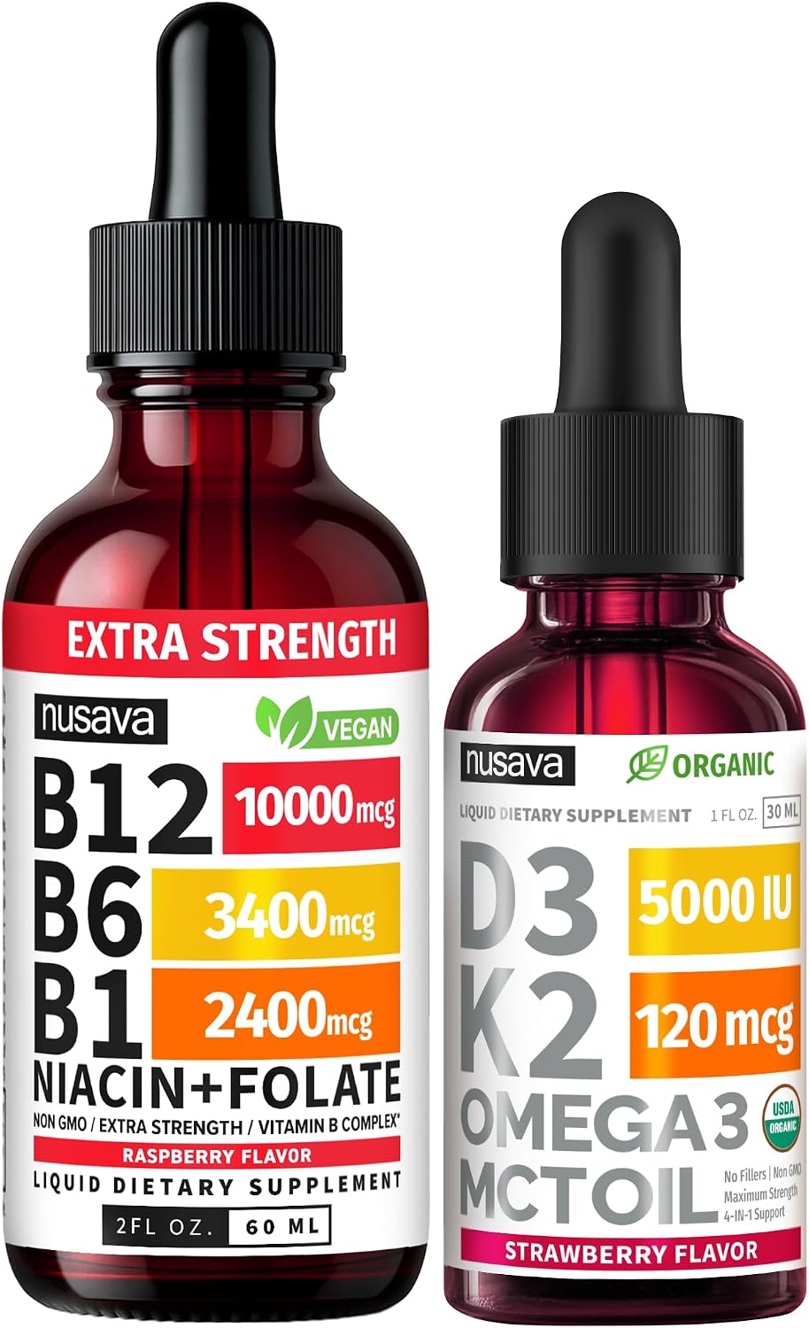 NUSAVA (2 Pack) Extra Strength Liquid Vitamin B12 Sublingual Vitamin B Complex (Raspberry) - (2-Pack) Vitamin D3 K2 Drops, B12 5000 mcg Sublingual, D3 5000 IU with MCT Oil and Omega 3 (Strawberry)