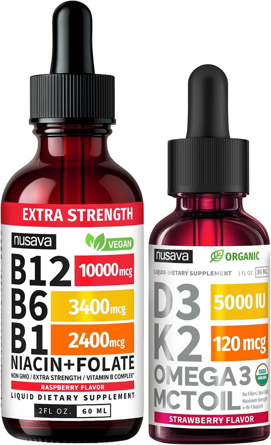 NUSAVA (2 Pack) Extra Strength Liquid Vitamin B12 Sublingual Vitamin B Complex (Raspberry) - (2-Pack) Vitamin D3 K2 Drops, B12 5000 mcg Sublingual, D3 5000 IU with MCT Oil and Omega 3 (Strawberry)