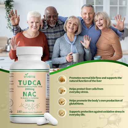 VivoNu TUDCA 625mg + NAC 375mg Supplement Complex Capsules, TUDCA Bile Salt + N Acetyl Cysteine, Antioxidant Supplements for Liver&Lung&Digestion&Gallbladder Cleanse(180 Capsules)
