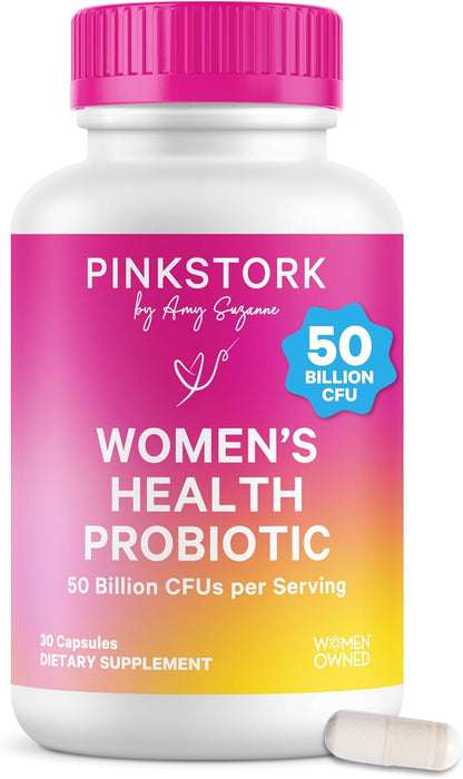 Pink Stork Women's Probiotic, 50 Billion CFU | Clinically Studied Strains | Vaginal, Gut, Urinary + Hormone Support | pH Balance, Yeast & Odor | Probiotic Prebiotic Blend | 30 Vegan Capsules