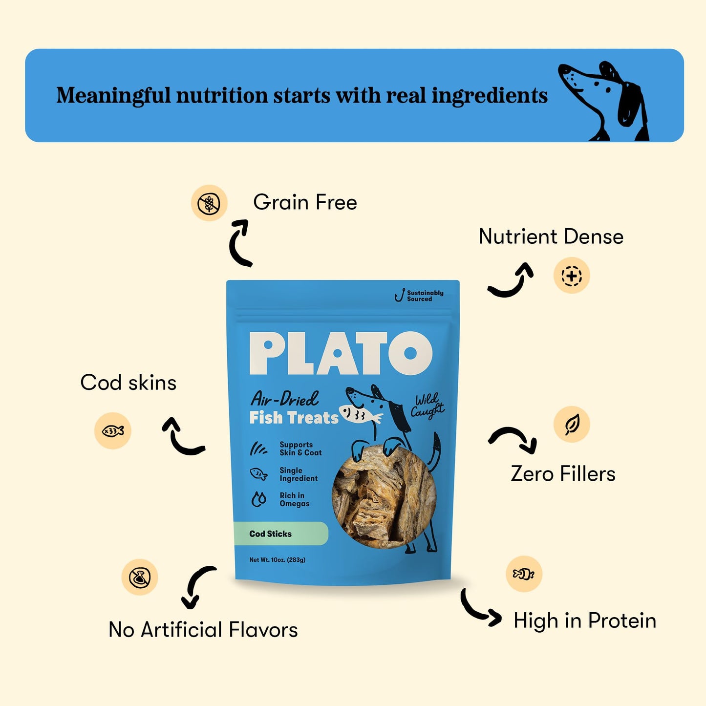Plato Single Ingredient Wild-Caught Cod Skin Bites Dog Treats, Air-Dried Omega-Rich Skin & Coat Support, 10 oz