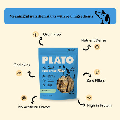 Plato Single Ingredient Wild-Caught Cod Skin Bites Dog Treats, Air-Dried Omega-Rich Skin & Coat Support, 10 oz