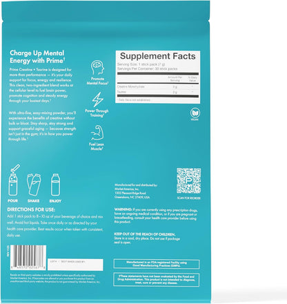 PRIME Creatine Monohydrate with Taurine - Muscle Energy & Strength, 5g Creatine, Vegan & Dairy-Free, 30 Stick Packs