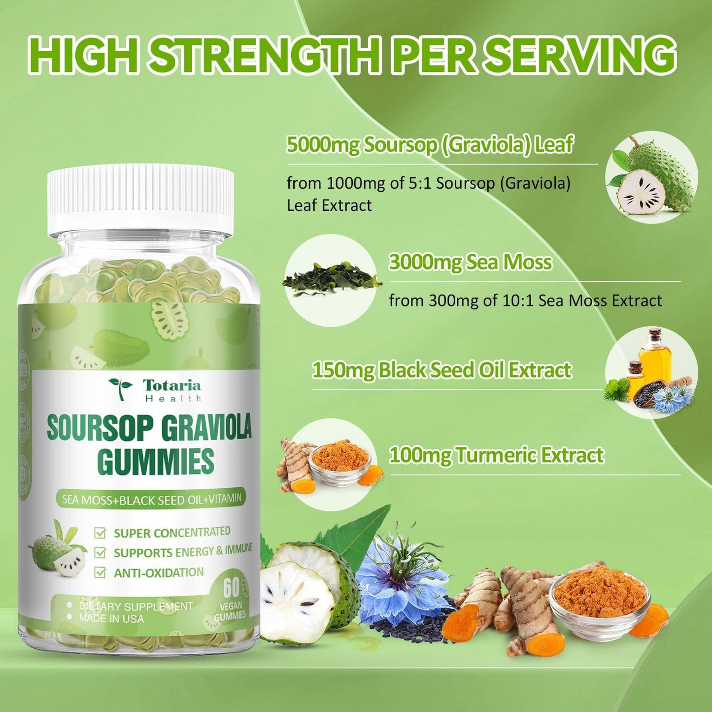 Totaria Sugar Free Soursop Oil Graviola Sea Moss Gummies - Support Digestive Sleep Skin Health, Immunity & Antioxidant - Guanabana Fruit with Sea Moss, 150mg Black Seed Oil Organic Non-GMO Vegan