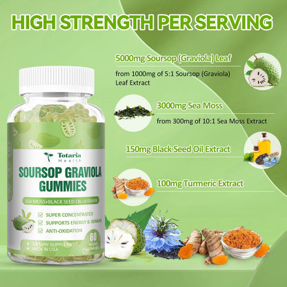 Totaria Sugar Free Soursop Oil Graviola Sea Moss Gummies - Support Digestive Sleep Skin Health, Immunity & Antioxidant - Guanabana Fruit with Sea Moss, 150mg Black Seed Oil Organic Non-GMO Vegan