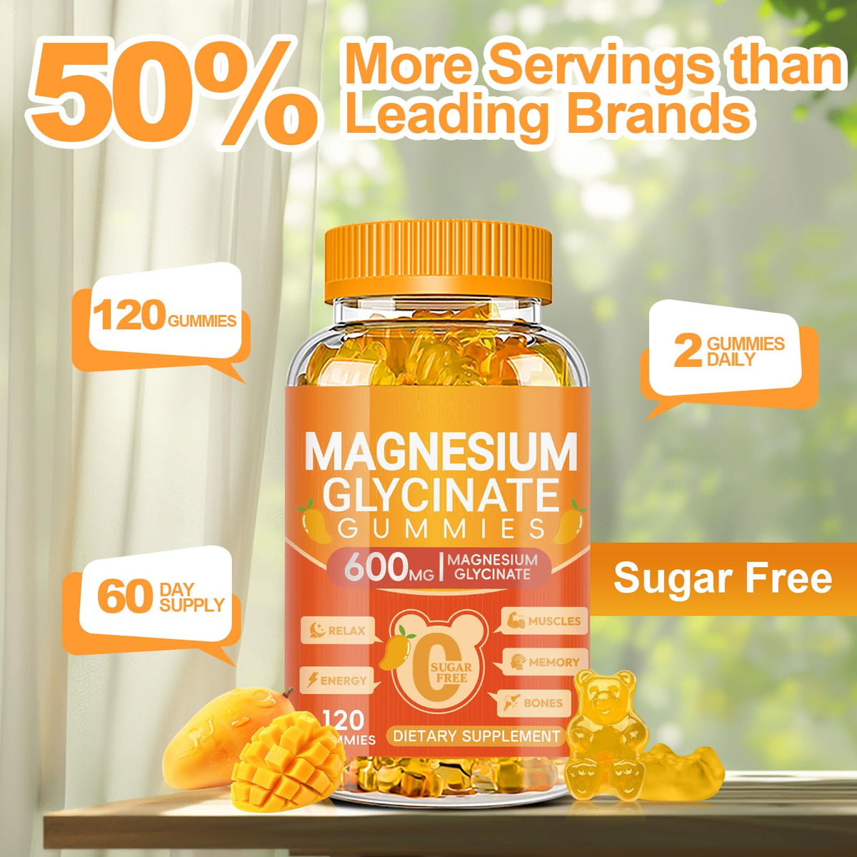 Magnesium Glycinate Gummies 600mg, Sugar Free Magnesium Gummies for Adults