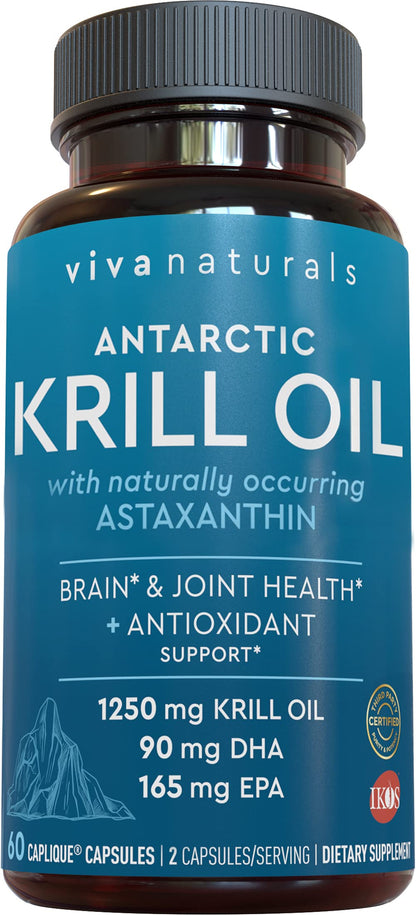 Viva Naturals Antarctic Krill Oil Omega 3 Supplements 1250 mg - DHA EPA Omega-3 & Astaxanthin Concentration for Joint Health, No Fish Burp - 60 Krill Oil Capsules