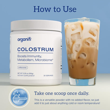 Organifi Bovine Colostrum Powder - Grass-Fed, USA-Sourced Colostrum Supplement for Gut Health, Immune Support and Recovery
