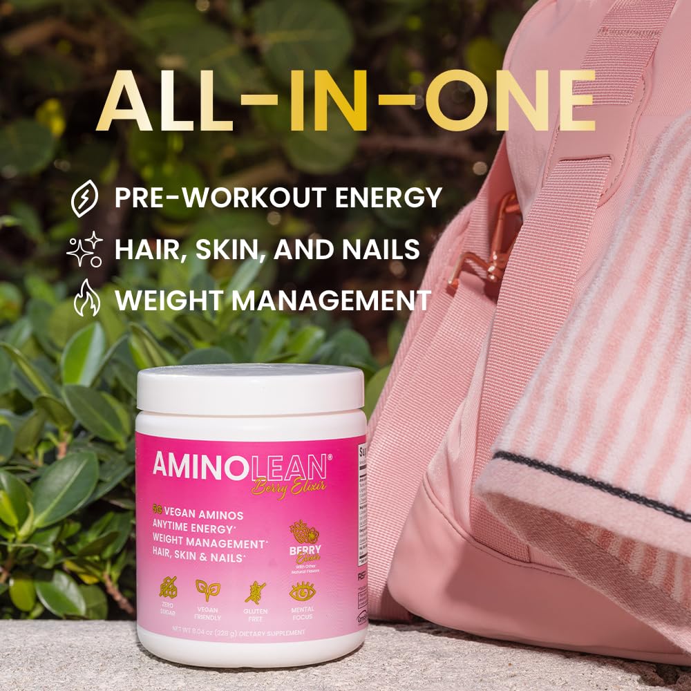 AminoLean Pre Workout Powder & Natural Amino Energy with Vegan BCAA + EAA | Jitter-Free Preworkout Energy from Green Tea + Amino Acids & Weight Management for Women & Men - Vegan, Zero Sugar, No Crash