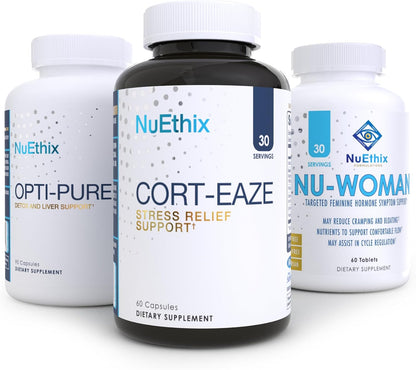 NuEthix Complete Women’s Health Bundle – Hormone, Detox, and Adrenal Support – Nu-Woman, Opti-Pure & Cort-Eaze