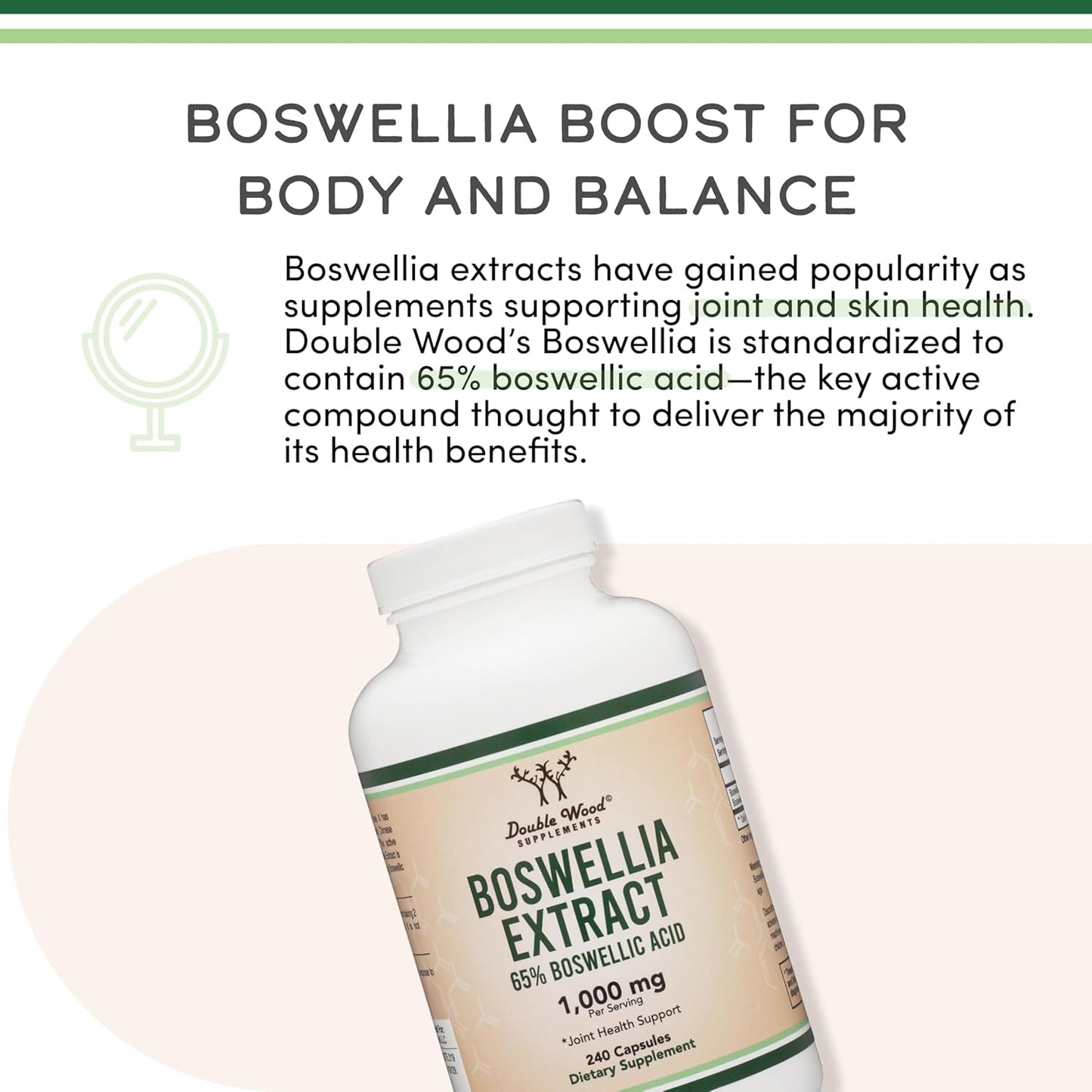 Boswellia Serrata - 240 Capsules (Max Strength 1,000mg of 65% Boswellic Acid Extract) Boswellia Extract Capsules (Joint Support Supplement for Joint Health) Third Party Tested by Double Wood