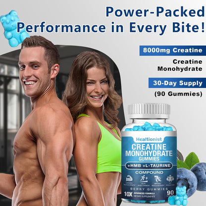 2 Pack 8000MG Creatine HMB Monohydrate Gummies for Men & Women, L-Taurine & Vitamin B6 12, 180 Blueberry Flavor Counts Supplement Gummies (60-Day Supply)