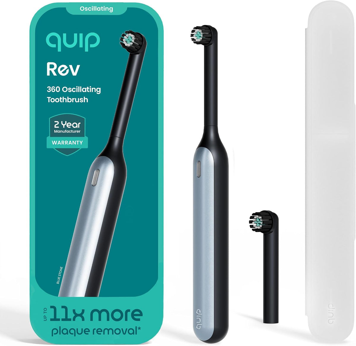 Quip Rev Oscillating Rechargeable Electric Toothbrush with Toothbrush Heads 4 Pack Product Bundle - Soft Bristles, Pressure Sensor, Compact - Blue Stone