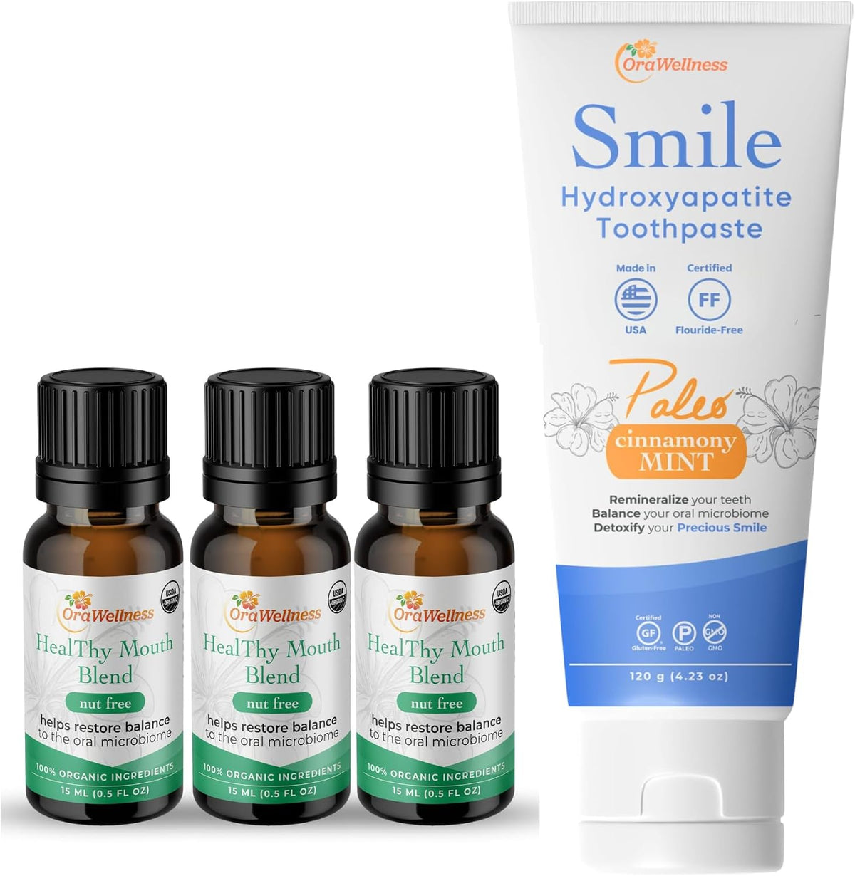 OraWellness Nut Free Healthy Mouth Blend Tooth Oil 3 Pack + Smile Cinnamony Mint Toothpaste, American Made Flouride Free Hydroxyapatite Toothpaste with Remineralizing Xylitol & Non Nano Hydroxyapatite