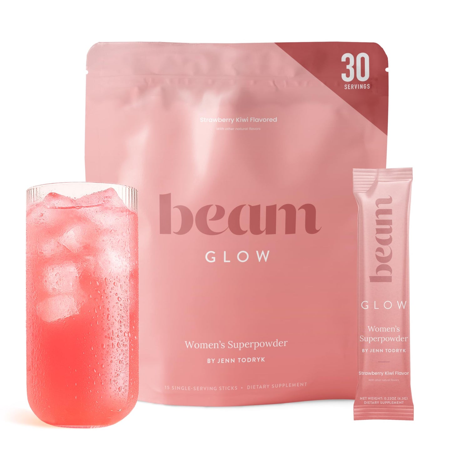 BEAM Glow Hormone Support & Cortisol Supplement for Women - Daily Vitamins for Women with Ashwagandha, Selenium, Zinc, Vitamin A, Biotin for Cycle Health, Mood & Energy, Strawberry Kiwi, 15 Servings
