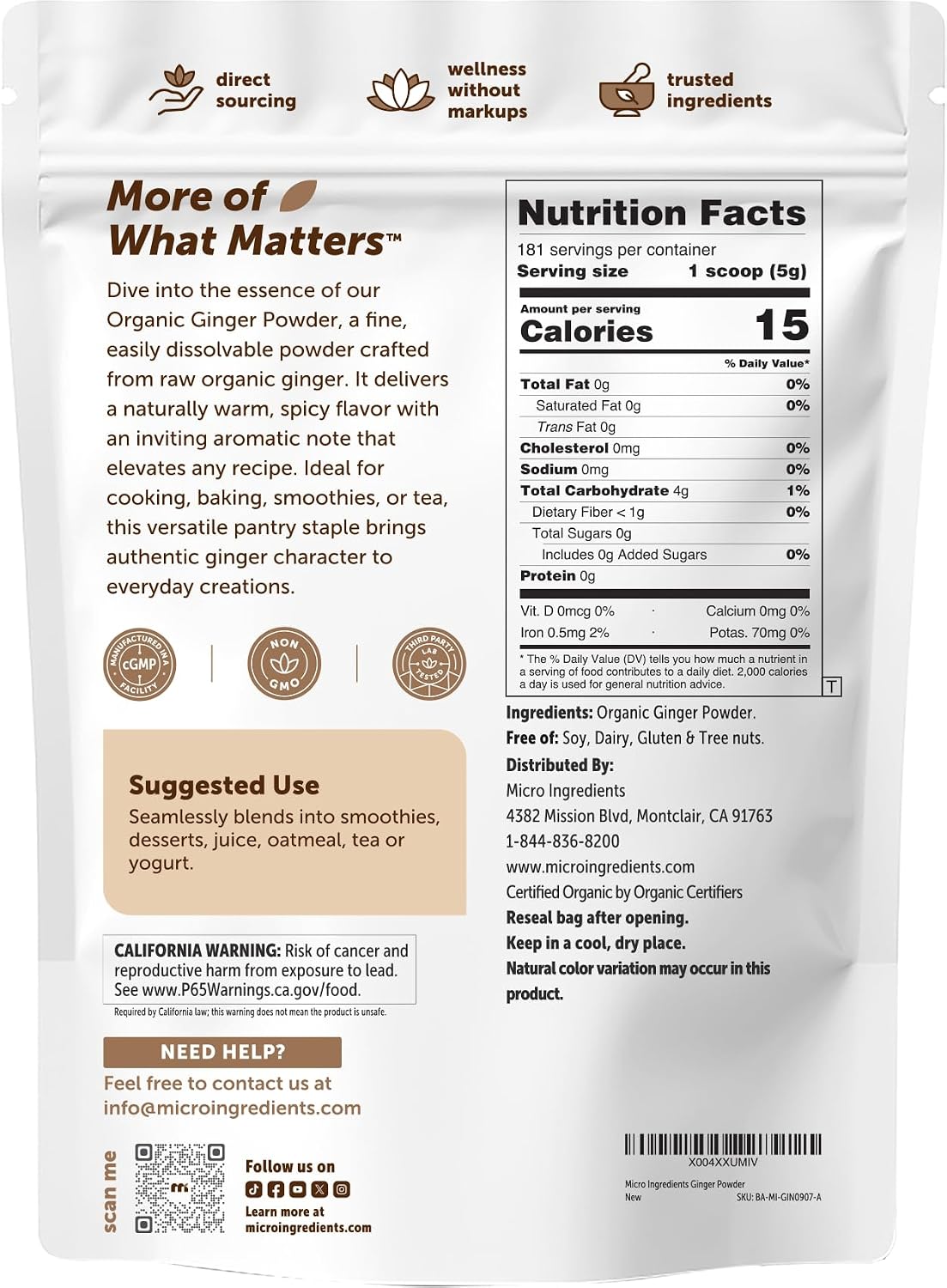 Organic Ginger powder, 2lbs (32oz) | Premium Source for Spice & Seasoning | Great for Baking, Cooking & Tea | Additive Free, Non-GMO, Bulk Supply