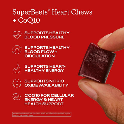 HumanN SuperBeets 3-in-1 Heart Chews - 3X Absorption CoQ10 - Plus Beetroot & Grape Seed Extract, Blood Pressure Support, Support Healthy Blood Flow, Circulation, 60 Count