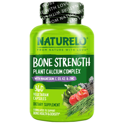 NATURELO Calcium Supplement - with Vitamin C, Vitamin D3, K2, and Calcium Magnesium Zinc for Bone Strength with Calcium 600mg - Plant-Based, 120 Vegetarian Capsules, Non-GMO, Soy & Gluten-Free