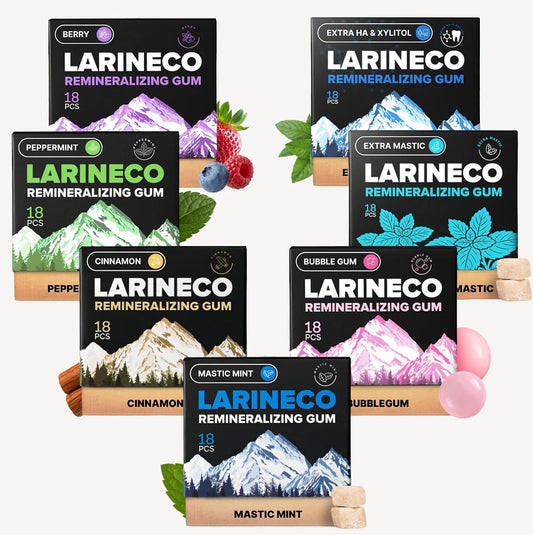 Larine Remineralizing Gum with Nano Hydroxyapatite & Xylitol – Sugar-Free Xylitol Gum – Plastic-Free, Dye-Free, Aspartame-Free – Natural Base – 18 Pieces (18 Count (Pack of 4) - Mint, Cinnamon, Bubble Gum, Peppermint